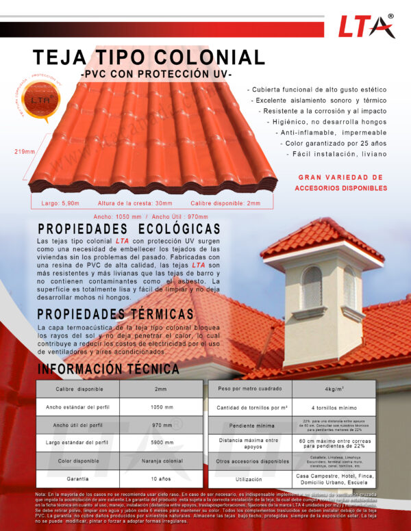 FT Teja Tipo Colonial Termoacústica en PVC